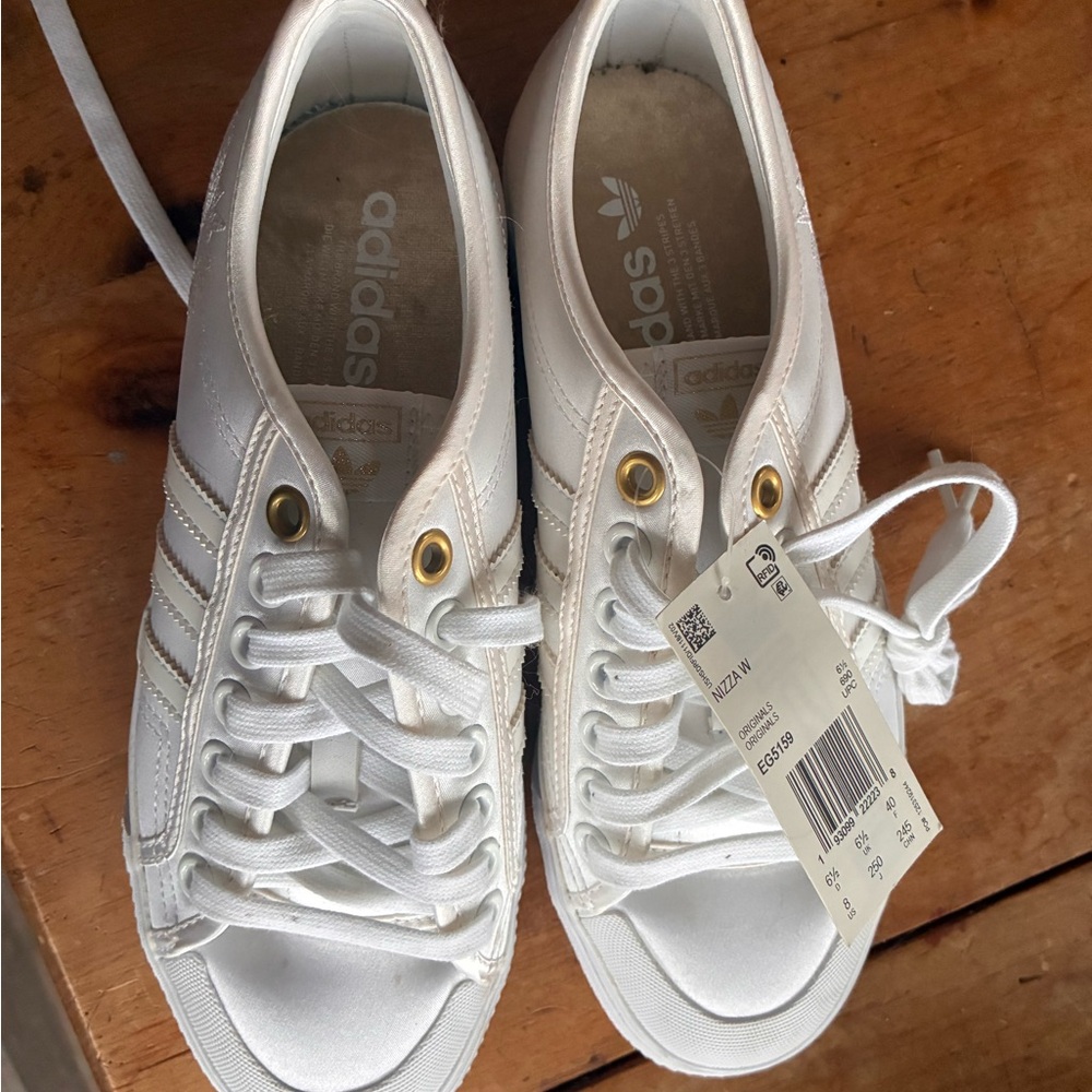 adidas White Low-Top Nizza Sneakers with Gold Eyelets